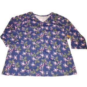 City Streets NWT Dark‎ Blue Floral 3/4 Sleeve V-Neck Tunic Plus Size 1X